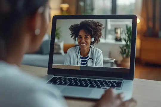 A person participates in a virtual health counseling session, interacting with a supportive therapist on a laptop. The setting is cozy and conducive for therapy, enhancing the experience. A person participates in a virtual health counseling session, interacting with a supportive therapist on a laptop. The setting is cozy and conducive for therapy, enhancing the experience.