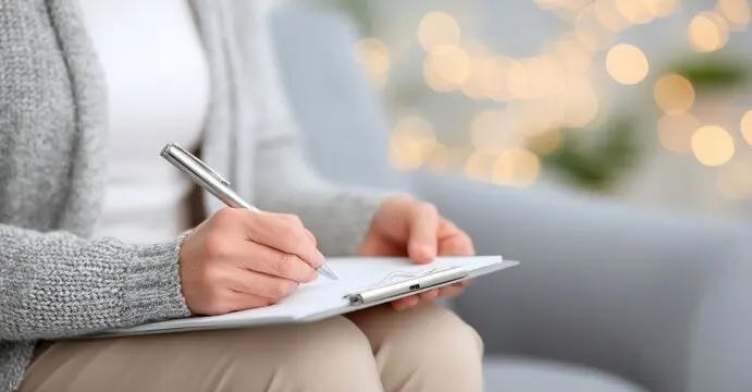A therapist writes notes for a client with a mental health evaluation, with a book and counseling materials nearby, and a psychiatrist evaluates a patient’s medical information for a psychology A therapist writes notes for a client with a mental health evaluation, with a book and counseling materials nearby, and a psychiatrist evaluates a patient's medical information for a psychology