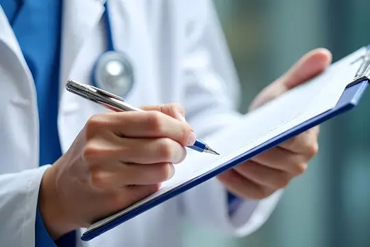 Hands, prescription and writing with doctor in hospital, closeup for checklist or medical aid Hands, prescription and writing with doctor in hospital, closeup for checklist or medical aid