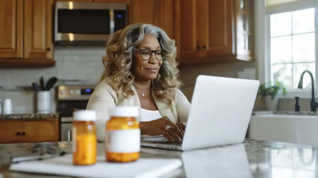 middle age Hispanic woman with prescription drug bottles and looking at laptop doing research, copy space middle age Hispanic woman with prescription drug bottles and looking at laptop doing research, copy space